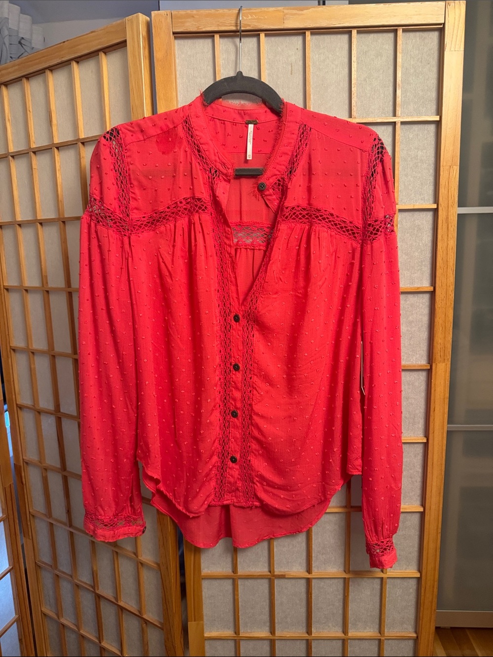 Free People Red Lace-Trim Button Front Blouse
